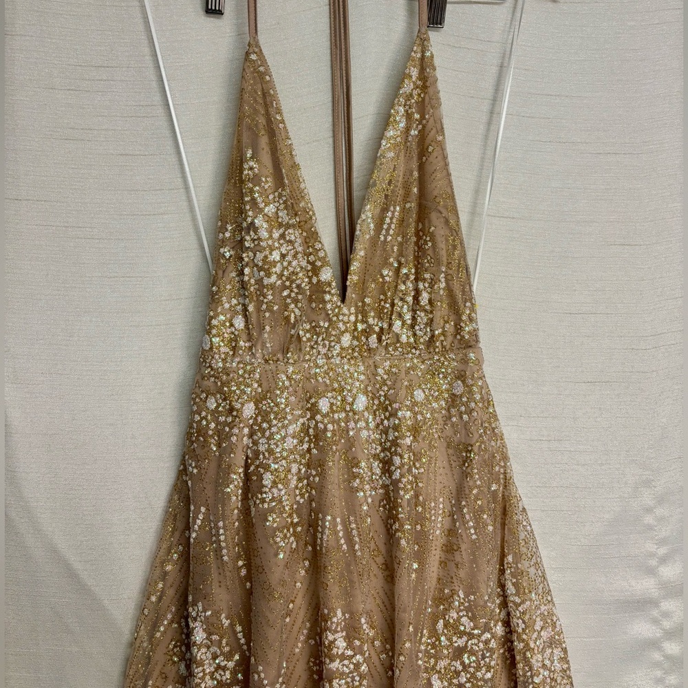 Hello Molly | NWT Gold Sequin Backless Dress Wrap Tie Slit Prom Formal Sexy US 4 - Picture 4 of 13